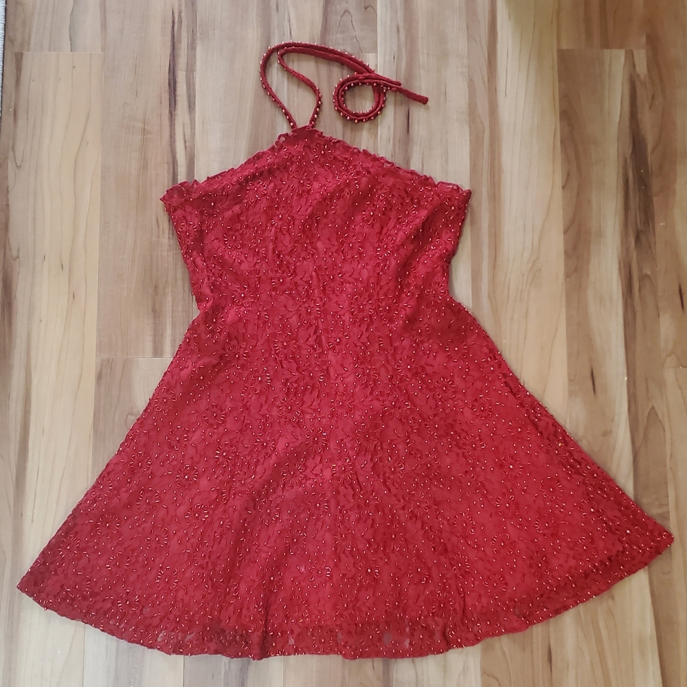 Red Mini Beaded Floral Dress - M